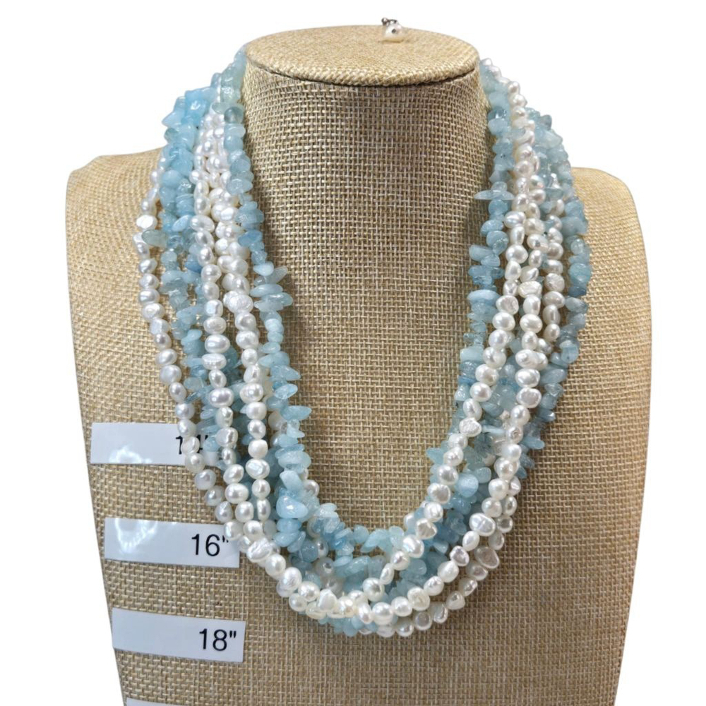 Vintage Natural Pearl and Aquamarine Stone Beaded Necklace Blue/White 16" - 20"